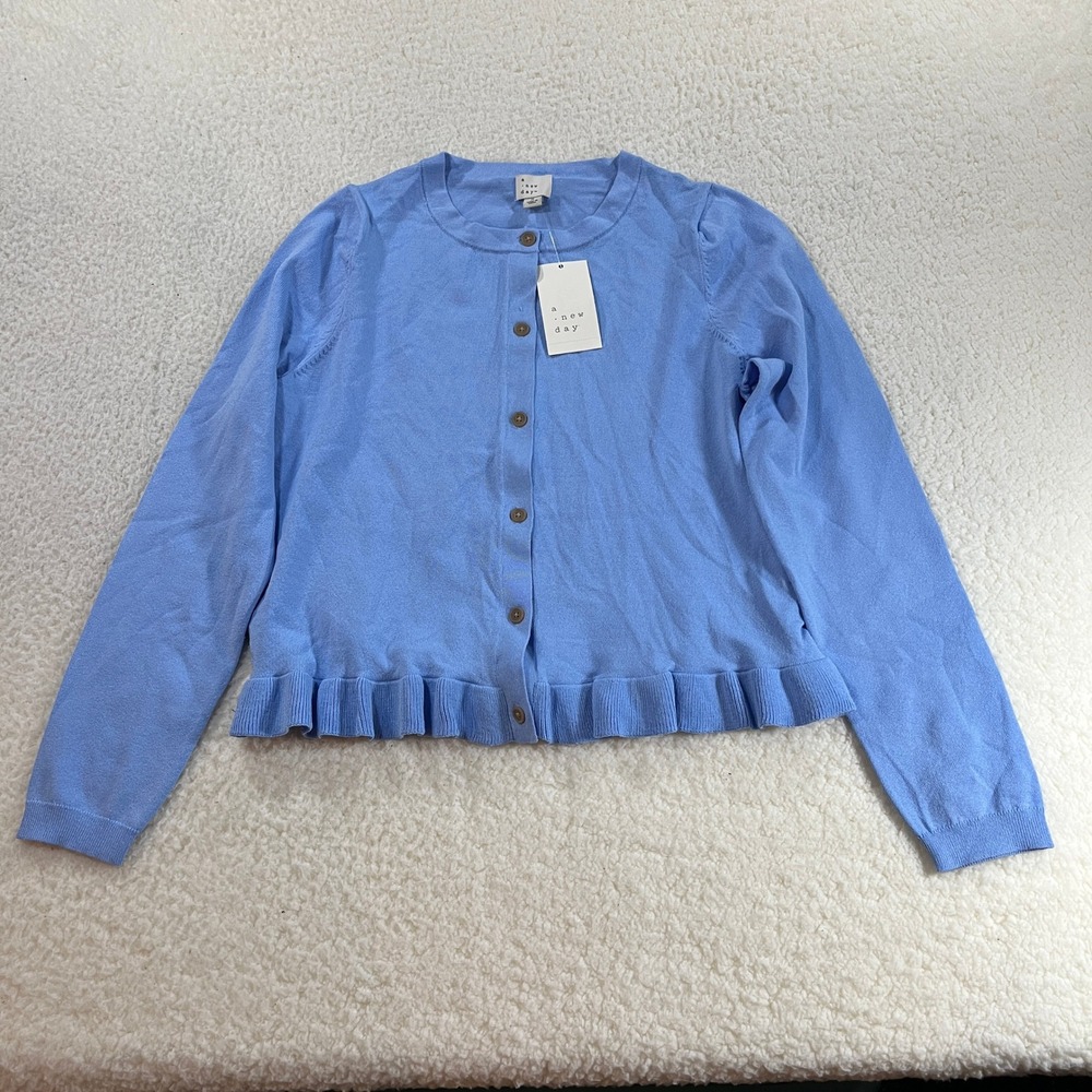 A New Day Cardigan Women M Blue Ruffle Hem Button Front Recycled Poly PID-R6GW4X
